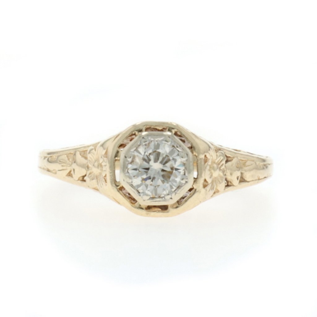 Yellow Gold Diamond Vintage Solitaire Engagement Ring 14k Round .33ct Floral